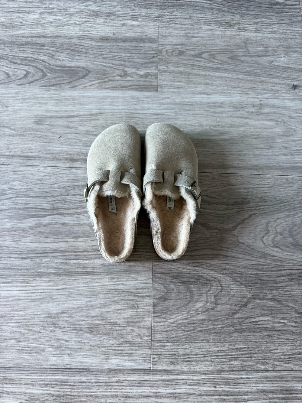 Birkenstock Taupe Shearling-Lined Slip-On Clog with Buckle